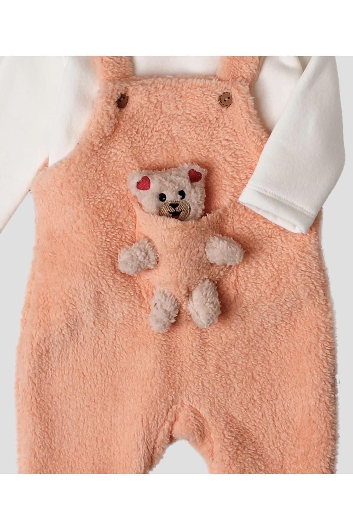 Kışlık tatlı peluş ikili takım kız bebek salopet sweatshirt
